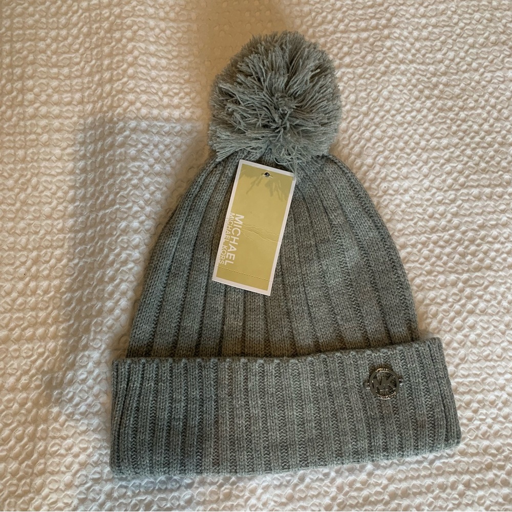 Michael Kors Gray Ribbed Knit Pom Beanie